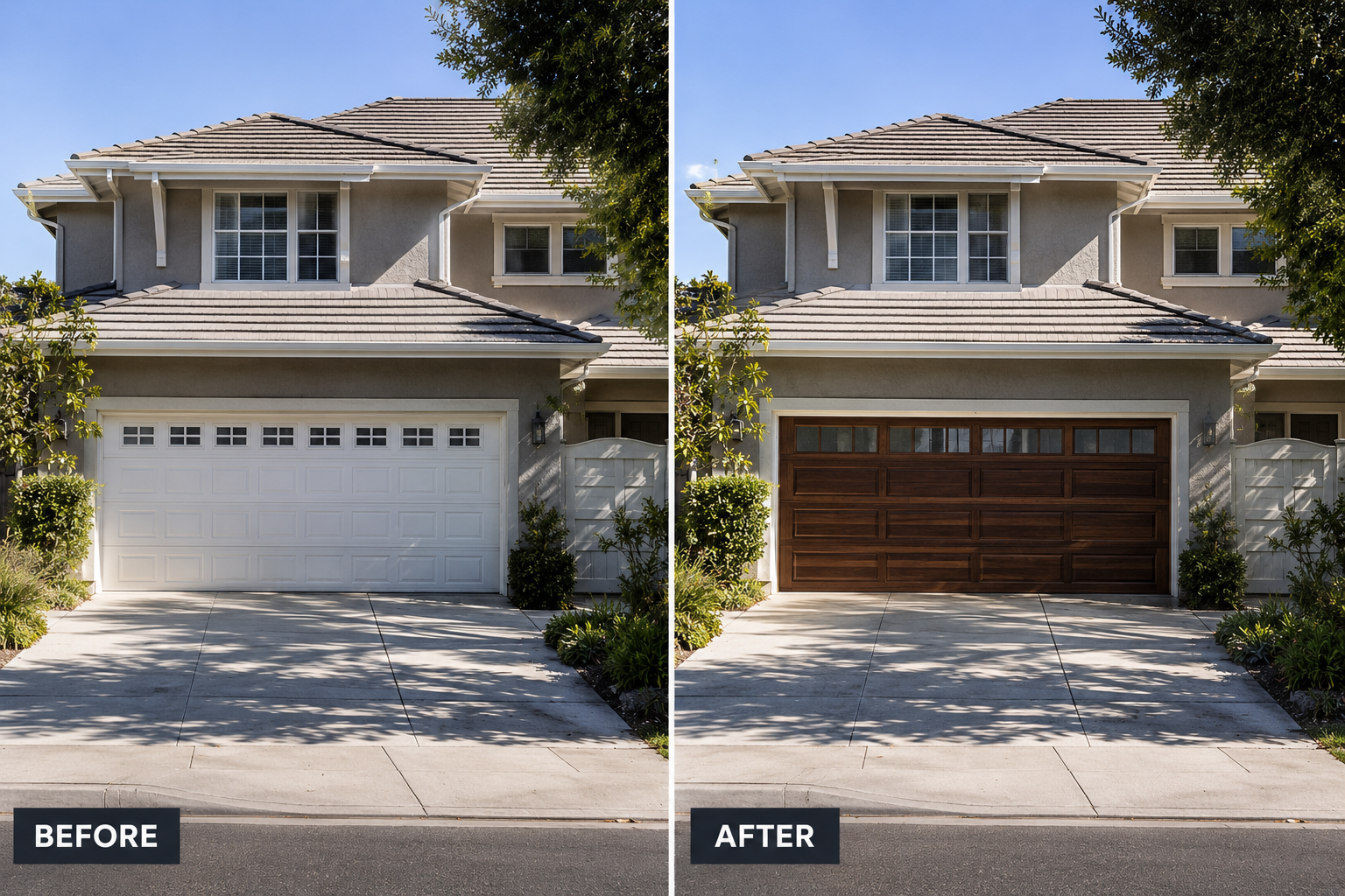 Before and after Craftsman-matched garage door upgrade on a Rockridge bungalow in Oakland